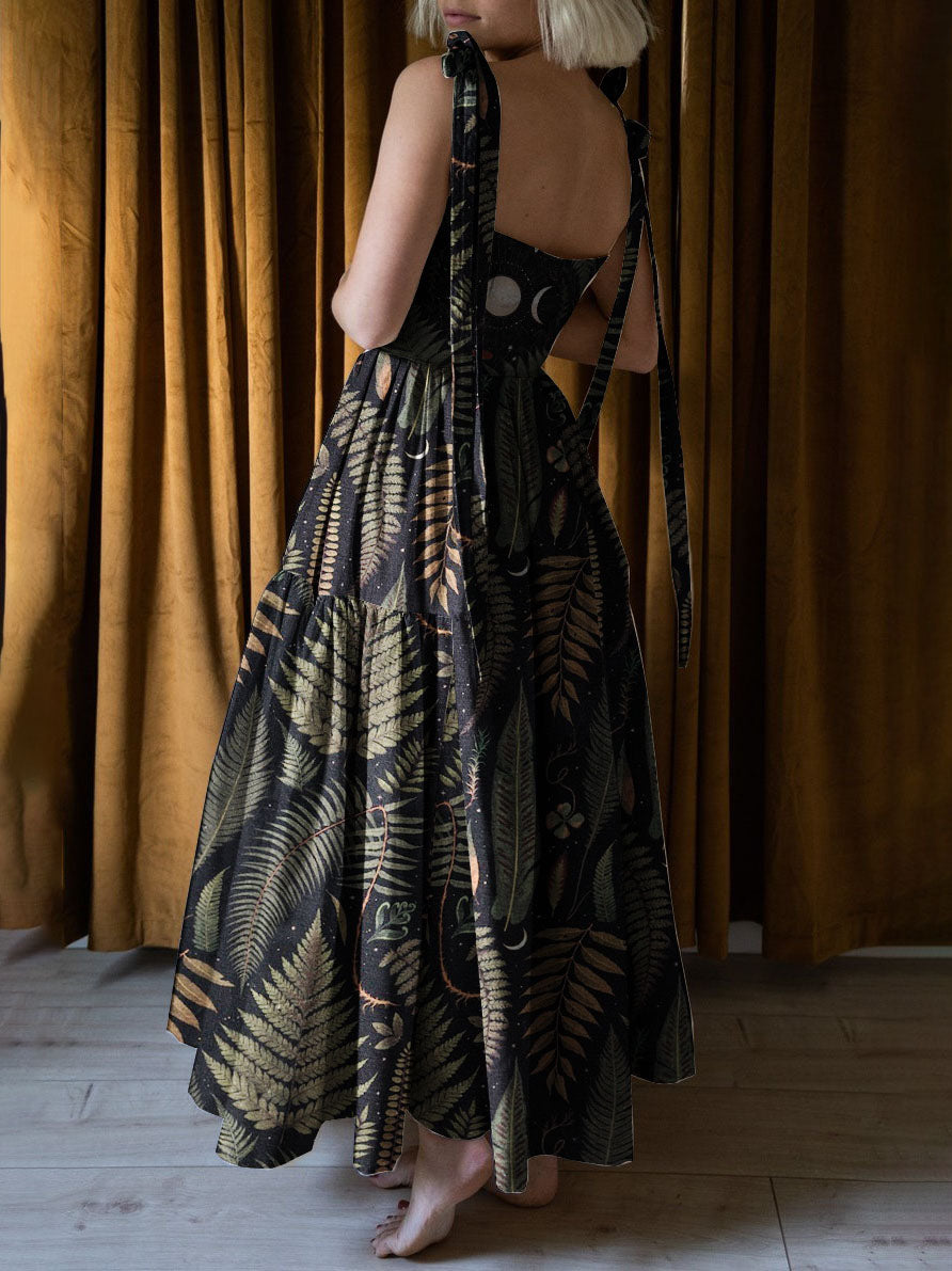 Dark Fern in the Moon Night Printed Halter Midi Dress