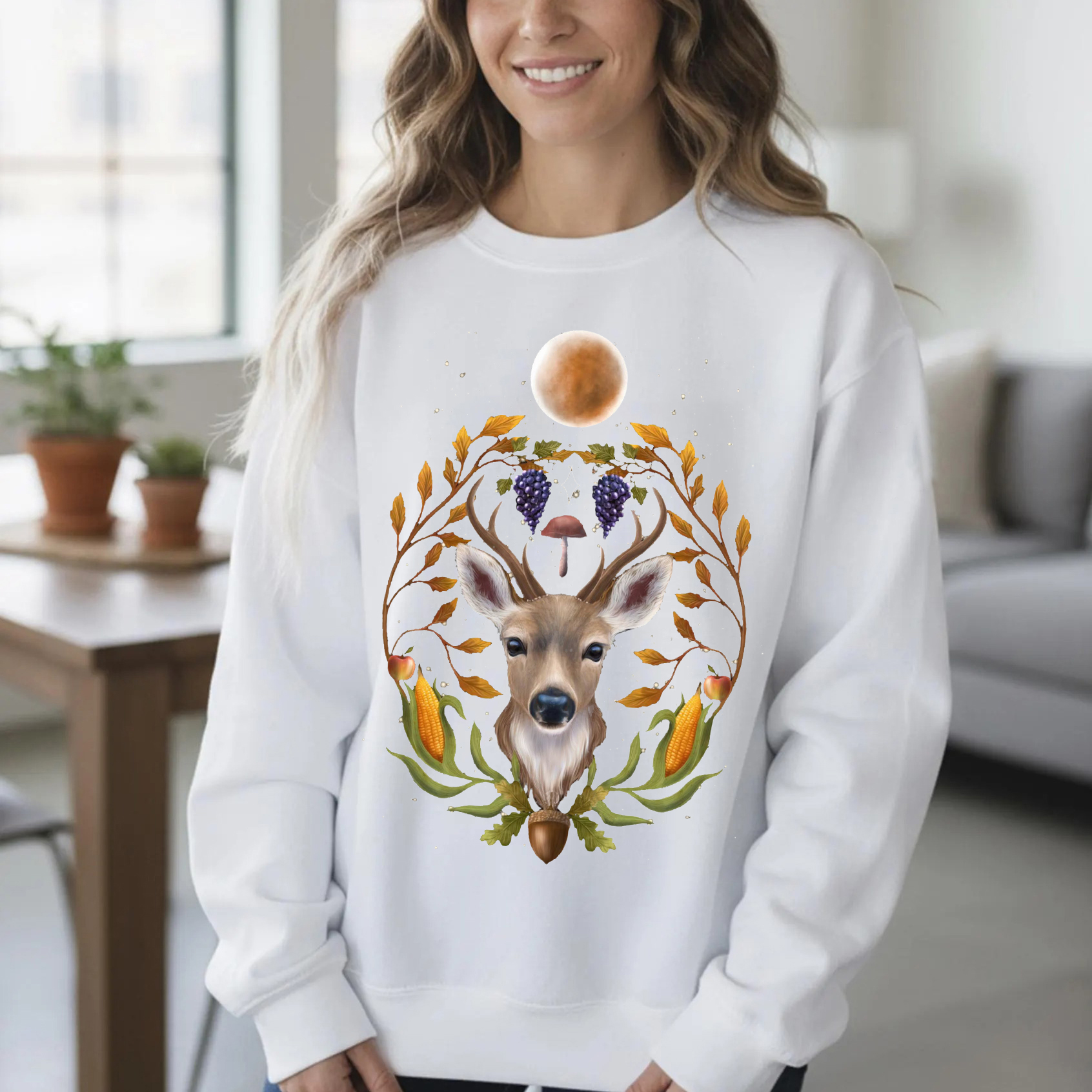 Autumn Leaves Deer Full Moon Printed Casual Sweatshirt