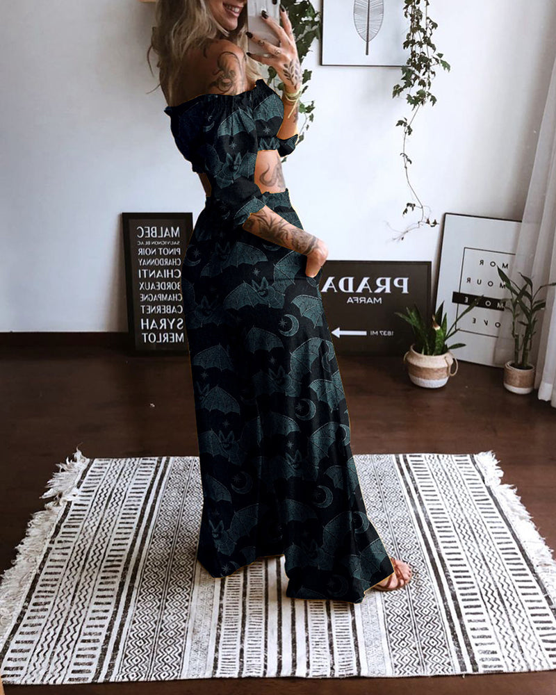 Navy Green Bat Print Off Shoulder Two Piece Set