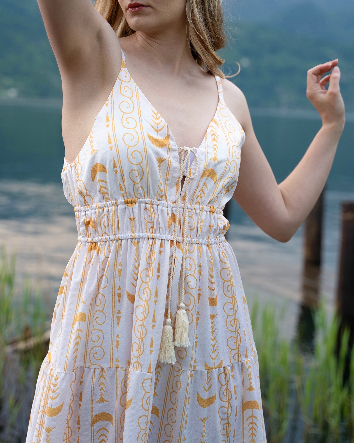 Powerful Golden Moon And Star Pattern Print Suspender Dress