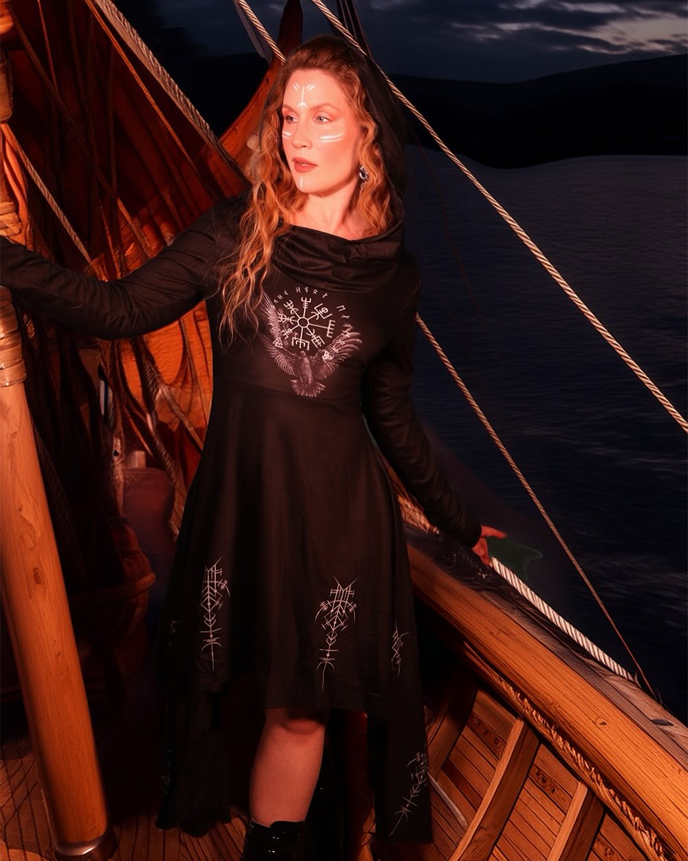 Tribal Paradise Viking Print Fitted Long Sleeve Hooded Dress