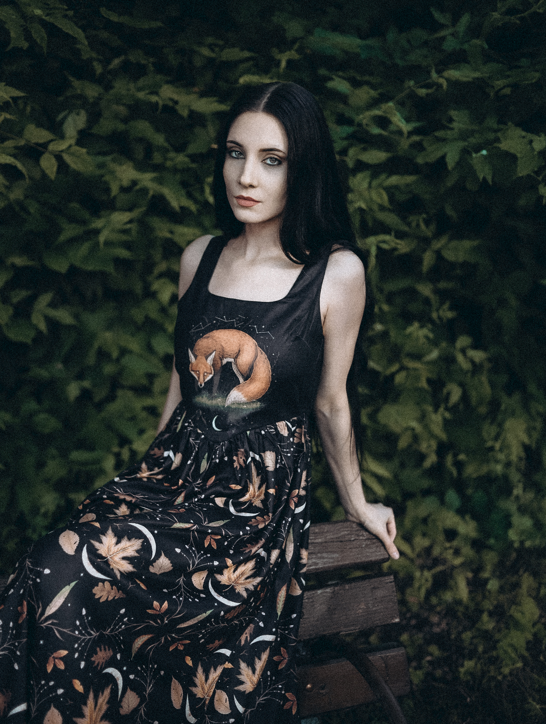 Retro Fox Moonlit Night Fantasy Printed Midi Dress