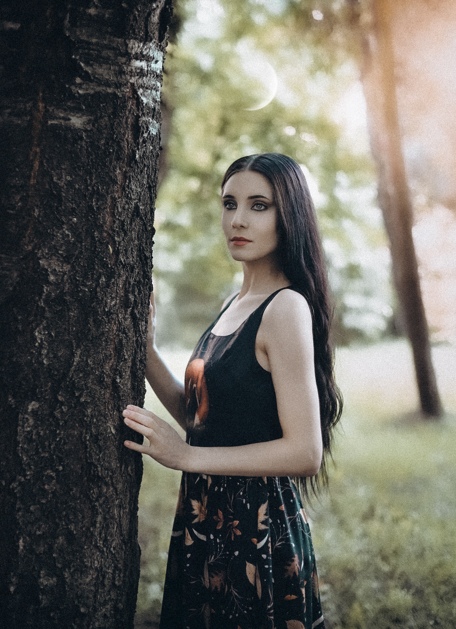 Retro Fox Moonlit Night Fantasy Printed Midi Dress