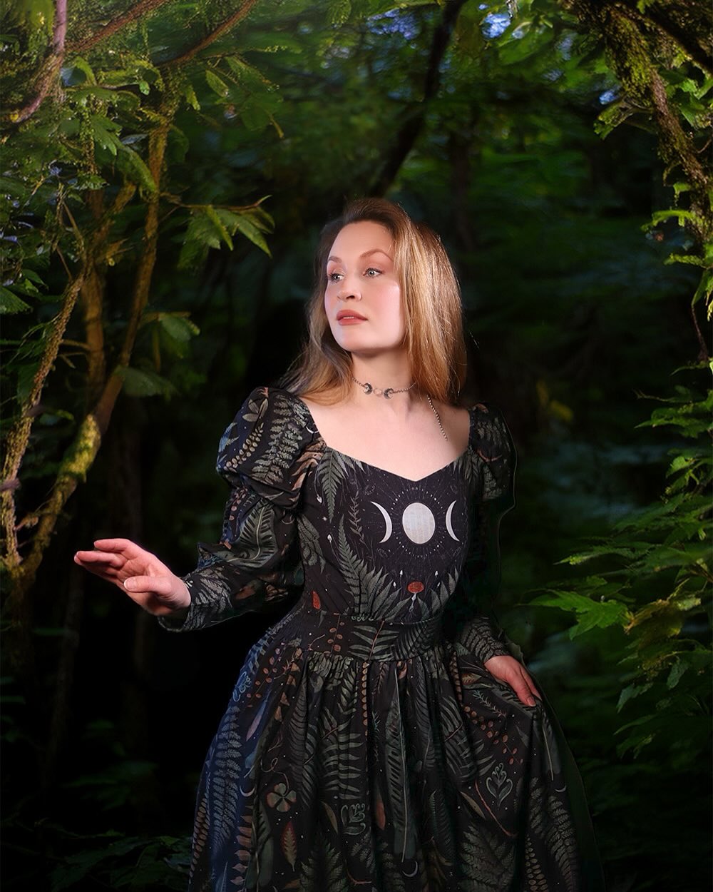 Dark Fern In The Moon Night Cottagecore Maxi Dress