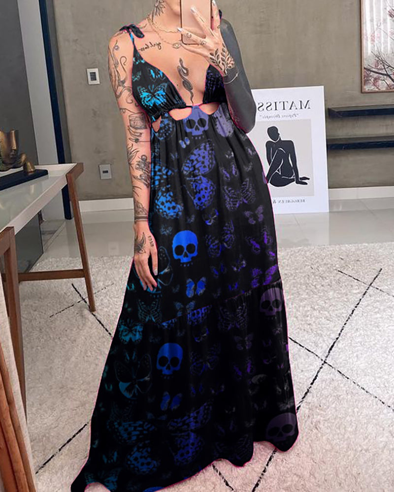 Psychedelic Skull And Butterfly Gradient Printed Dress
