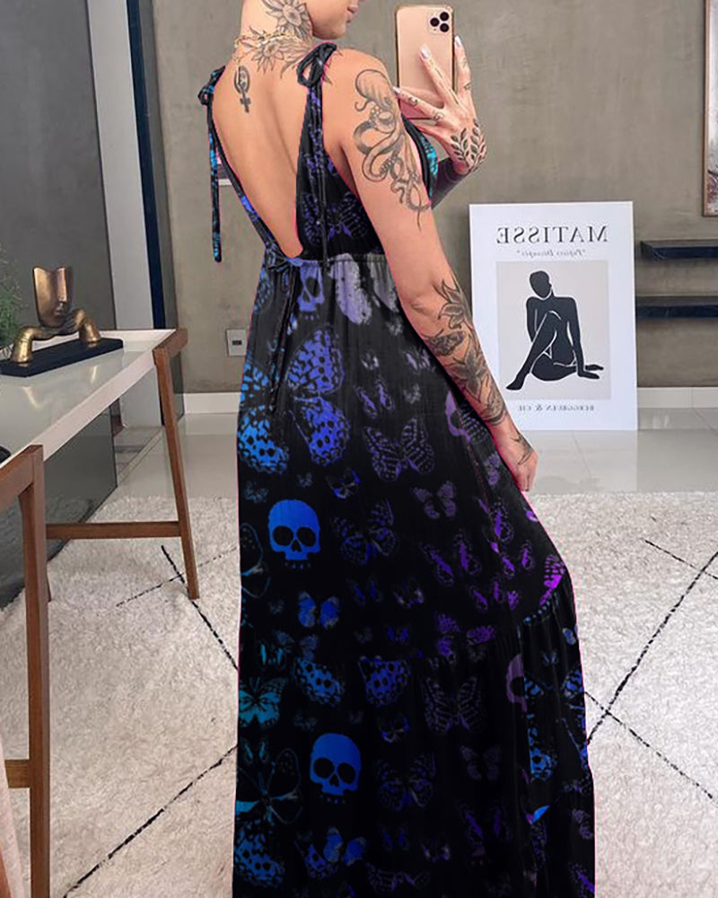 Psychedelic Skull And Butterfly Gradient Printed Dress