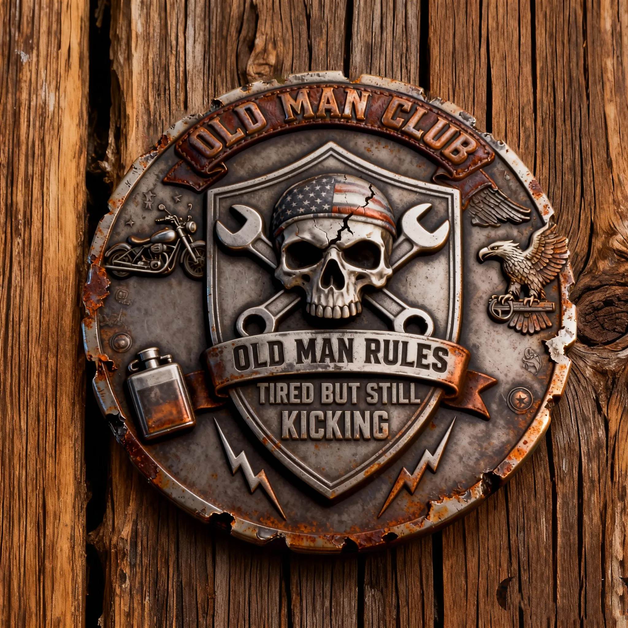 “Old Man Club Collector Coin — Rusted, Rugged, Unbreakable”