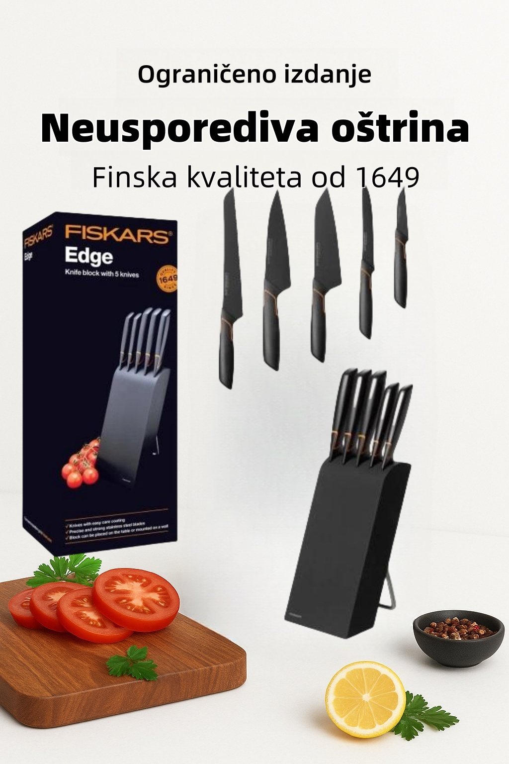 🍽️ Ograničeno izdanje | FISKARS® set noževa od 5 dijelova u EDGE BLOCK-u - oštar kuhinjski nož + set za oštrenje