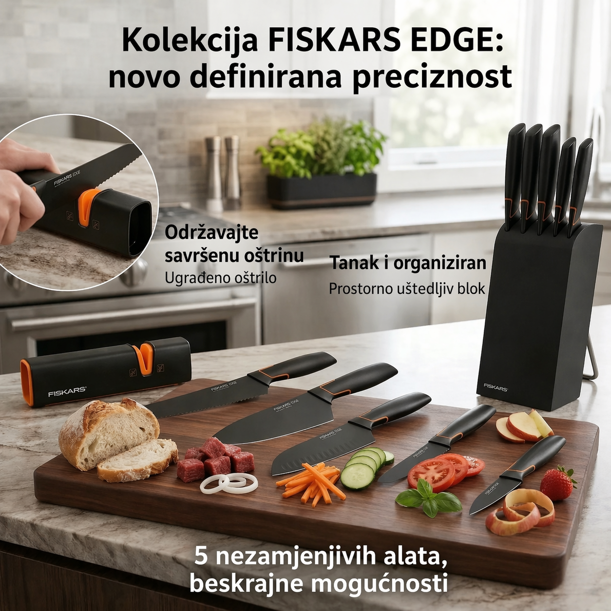 Ograničeno izdanje: 5-dijelni set noževa FISKARS® (s držačem za nože) – linija FISKARS EDGE, oštri kuhinjski noževi + oštrač
