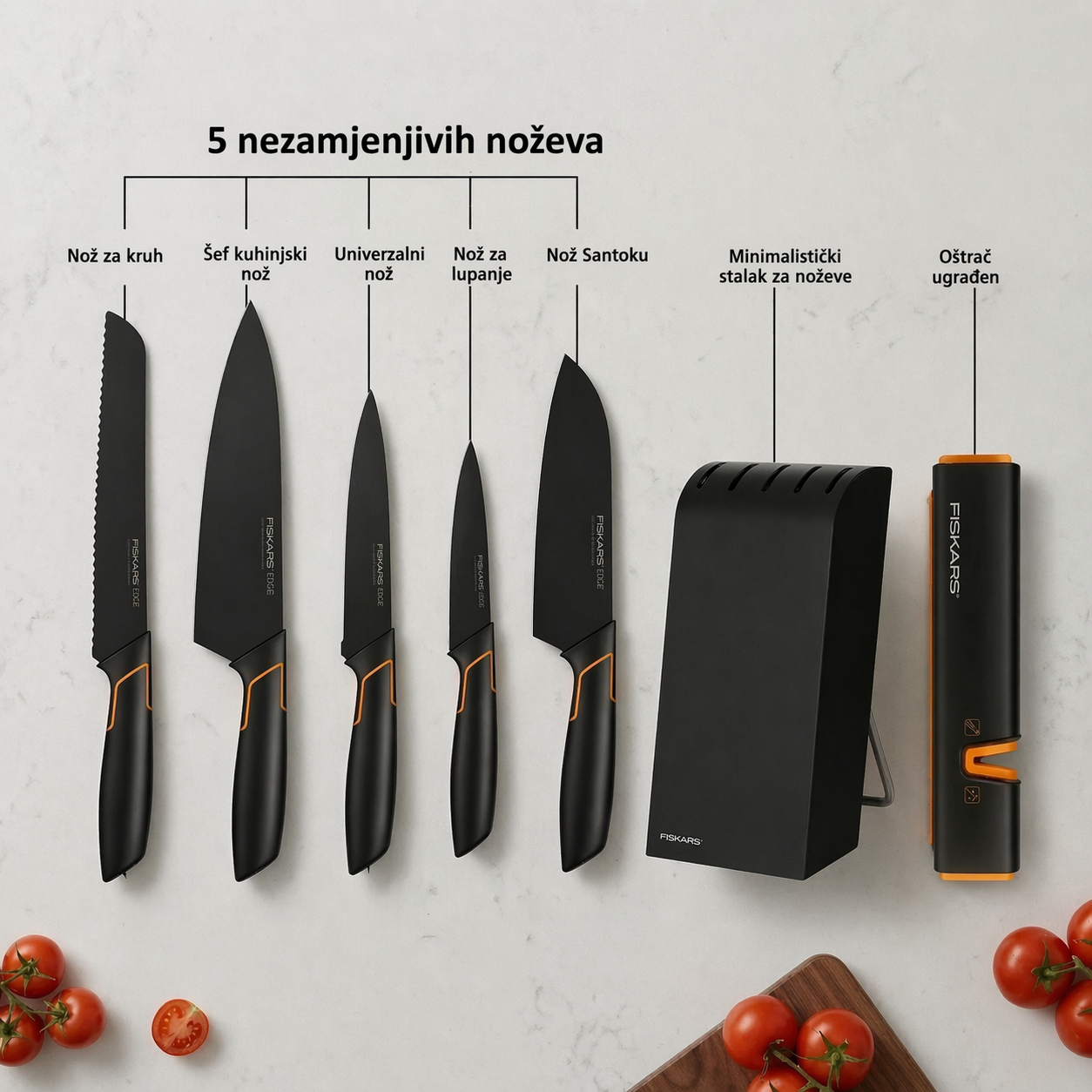 Ograničeno izdanje: 5-dijelni set noževa FISKARS® (s držačem za nože) – linija FISKARS EDGE, oštri kuhinjski noževi + oštrač