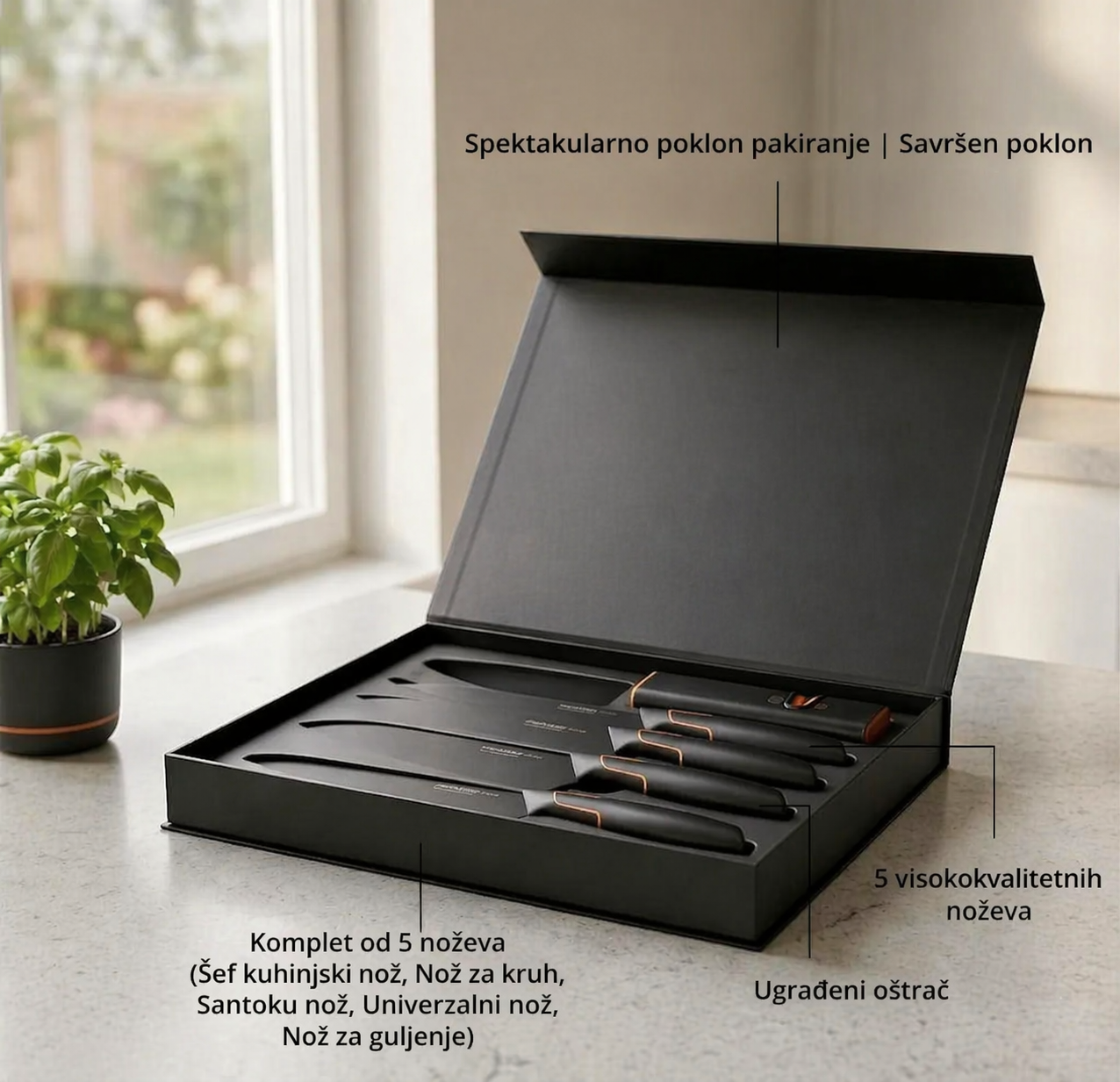Ograničeno izdanje: 5-dijelni set noževa FISKARS® (s držačem za nože) – linija FISKARS EDGE, oštri kuhinjski noževi + oštrač