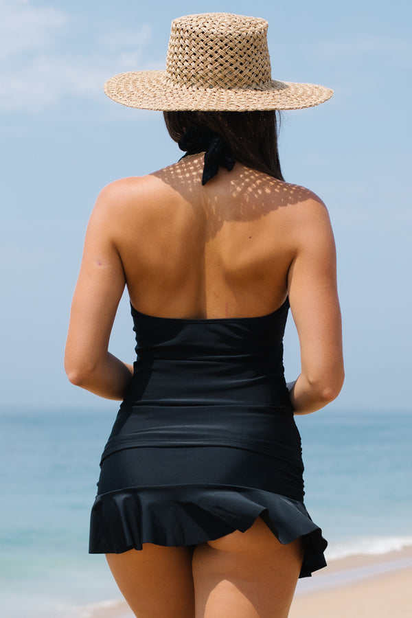 Halter Neck Ruched Tummy Control Tankini Swimskirt Set