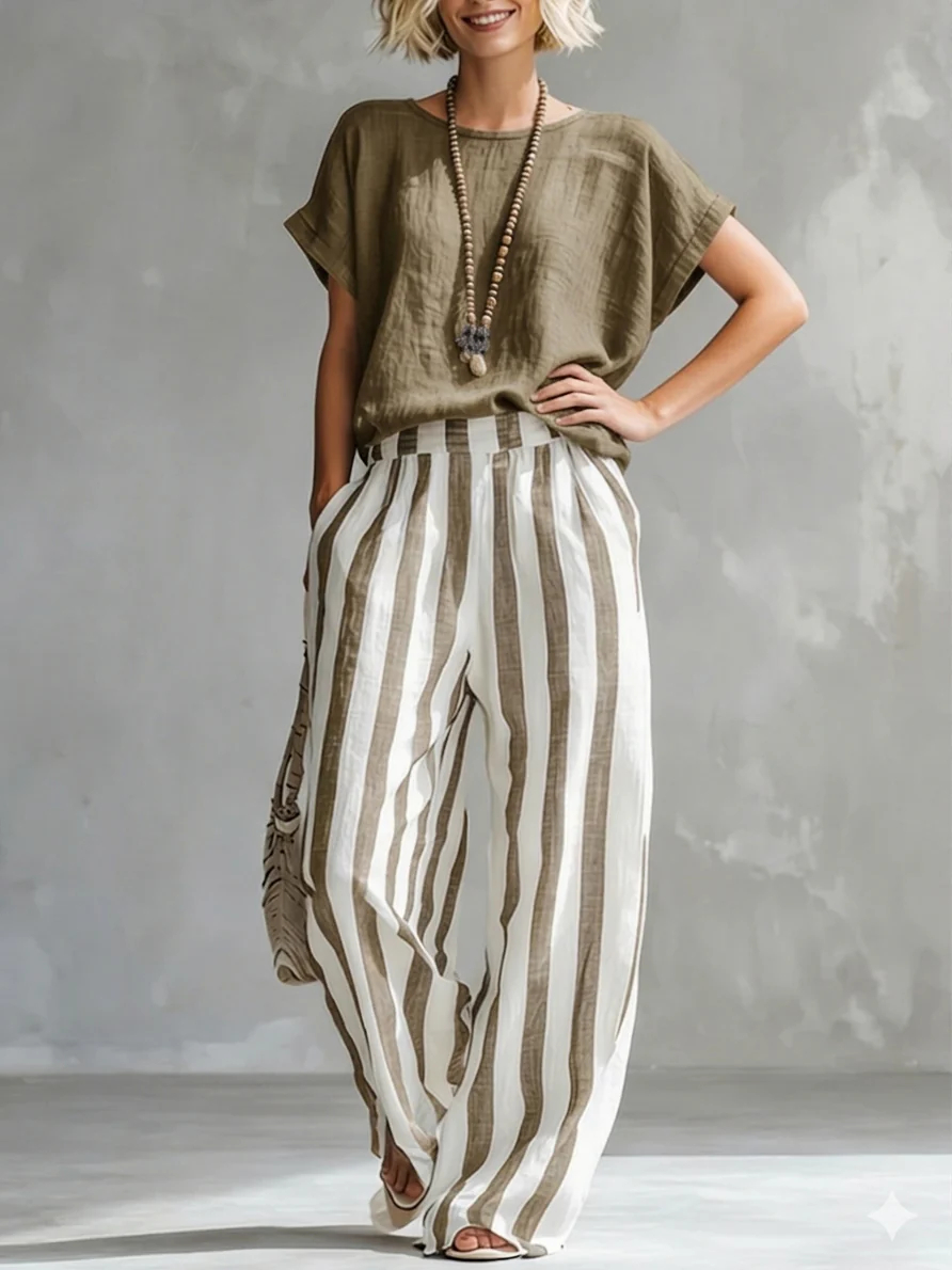 New Arrivals🔥 Cozy Loose-fit Striped Cotton Linen Two-piece Set