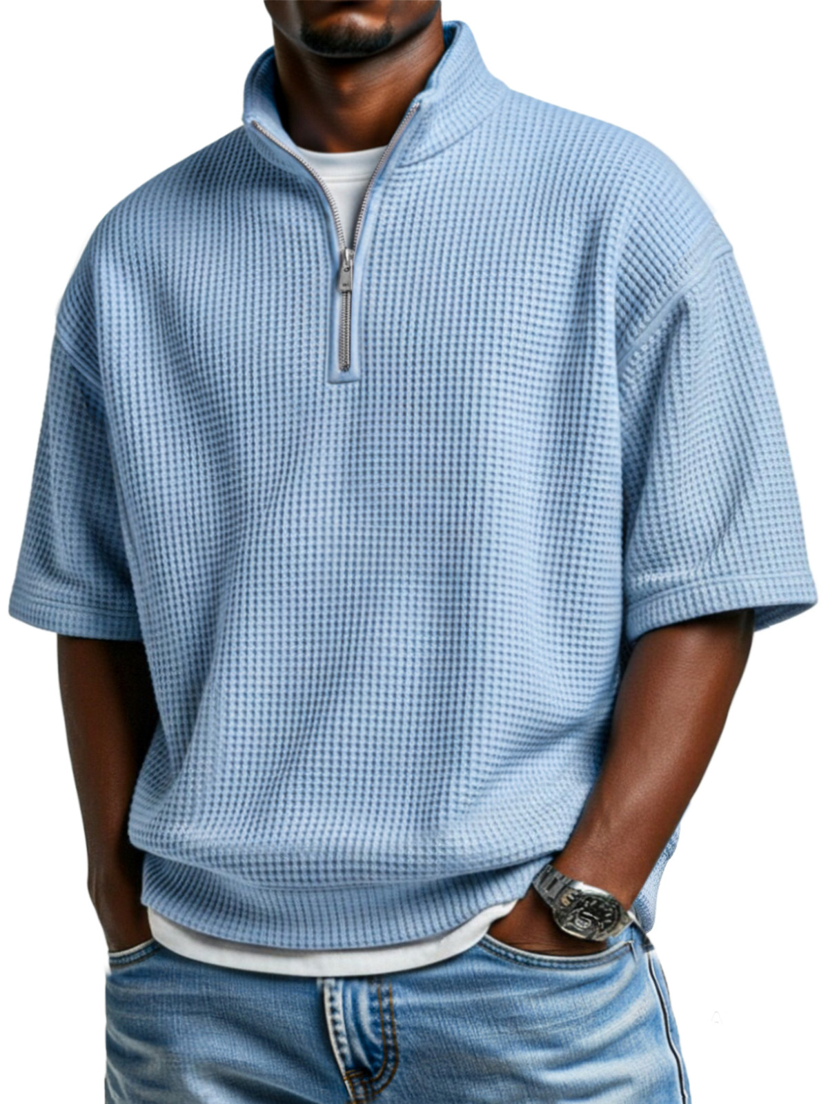 Men's simple basic waffle zipper stand collar short-sleeved POLO shirt