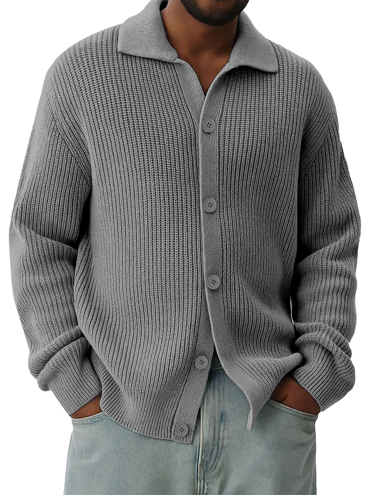 Pánský límečkový jednobarevný volný a univerzální dlouhý pletený cardigan svetr bunda