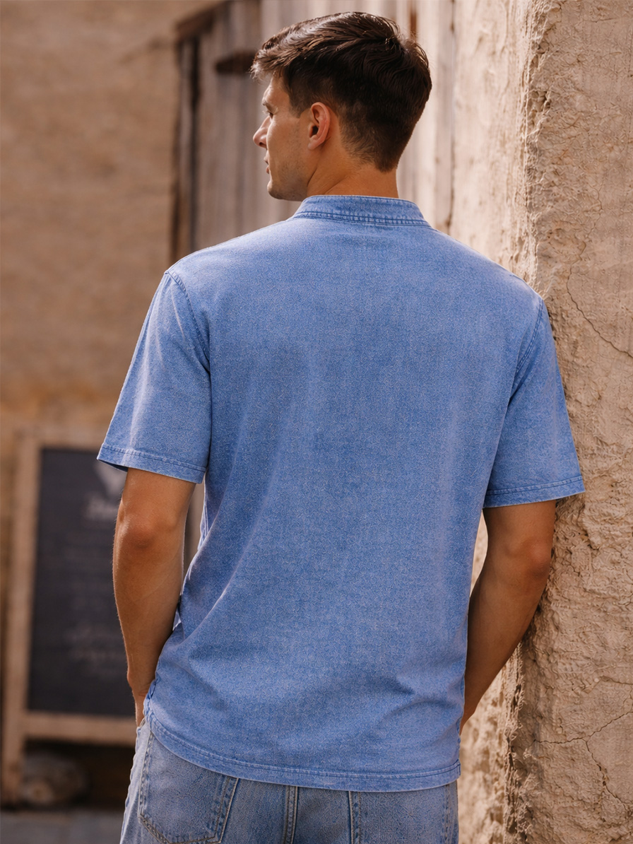 Men's Retro Deconstructed Stand Collar Casual Short Sleeve Henley Shirt