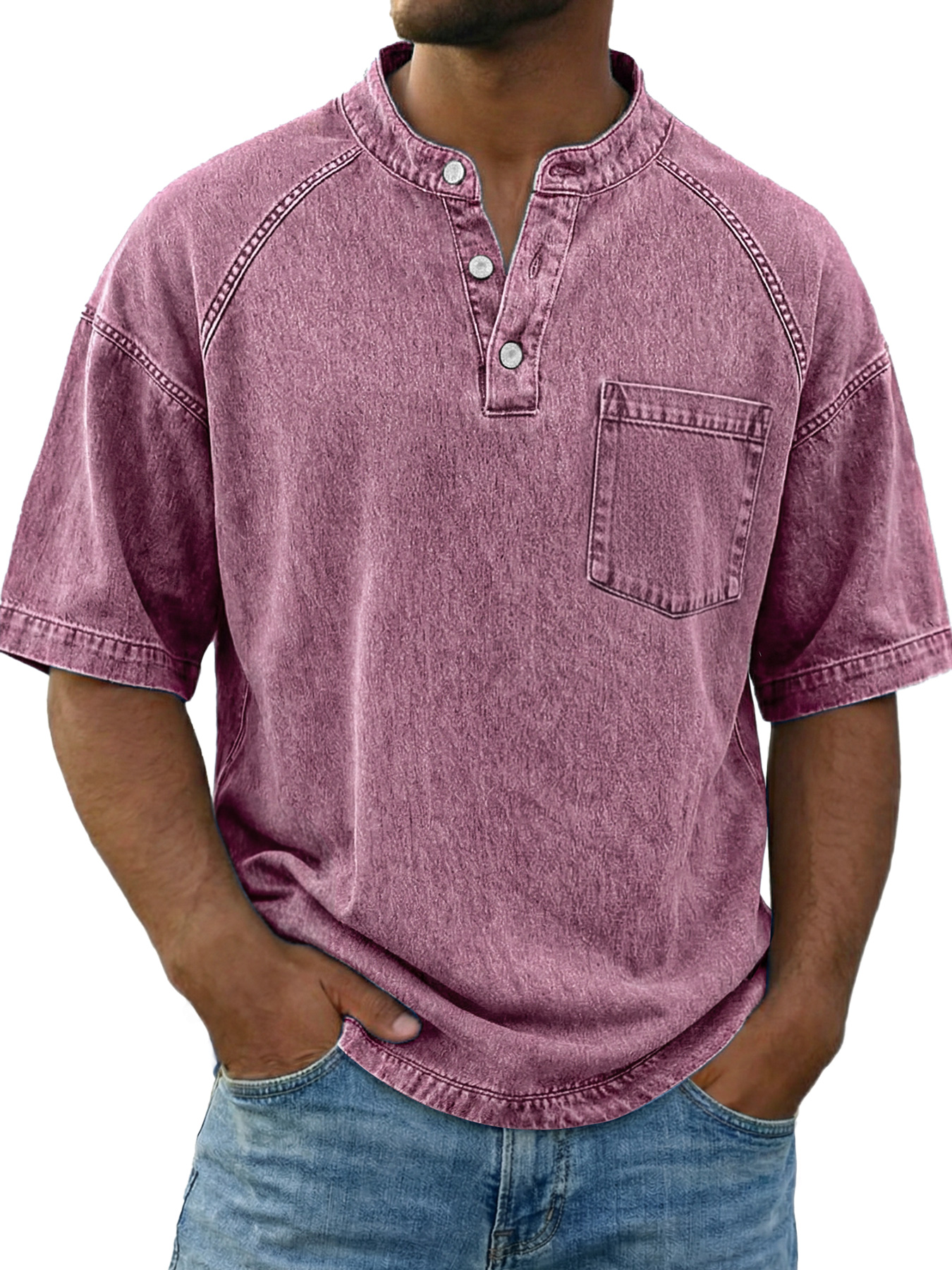 Men's Vintage Raglan Sleeve Pocket Casual Henley Shirt