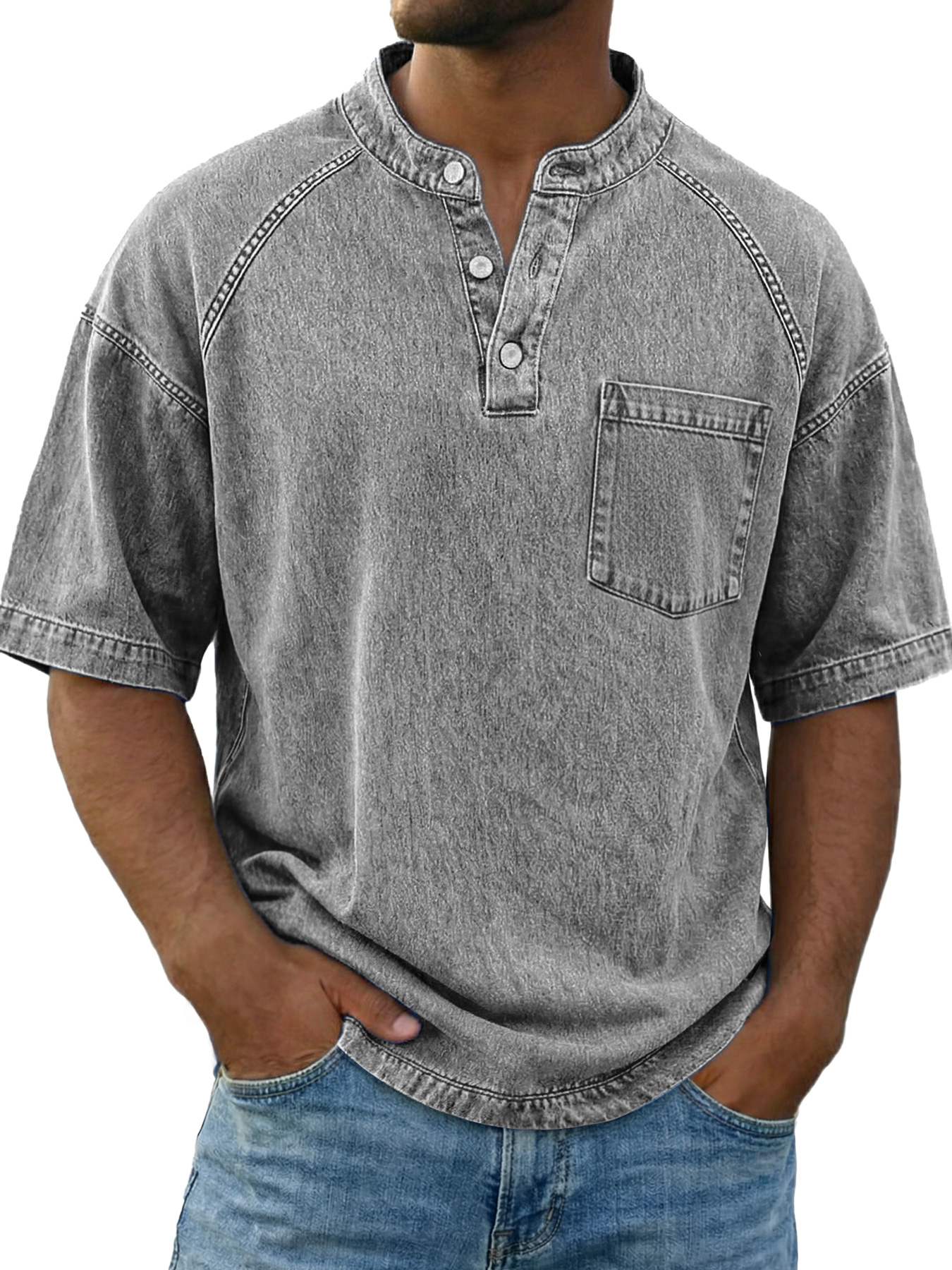 Men's Vintage Raglan Sleeve Pocket Casual Henley Shirt