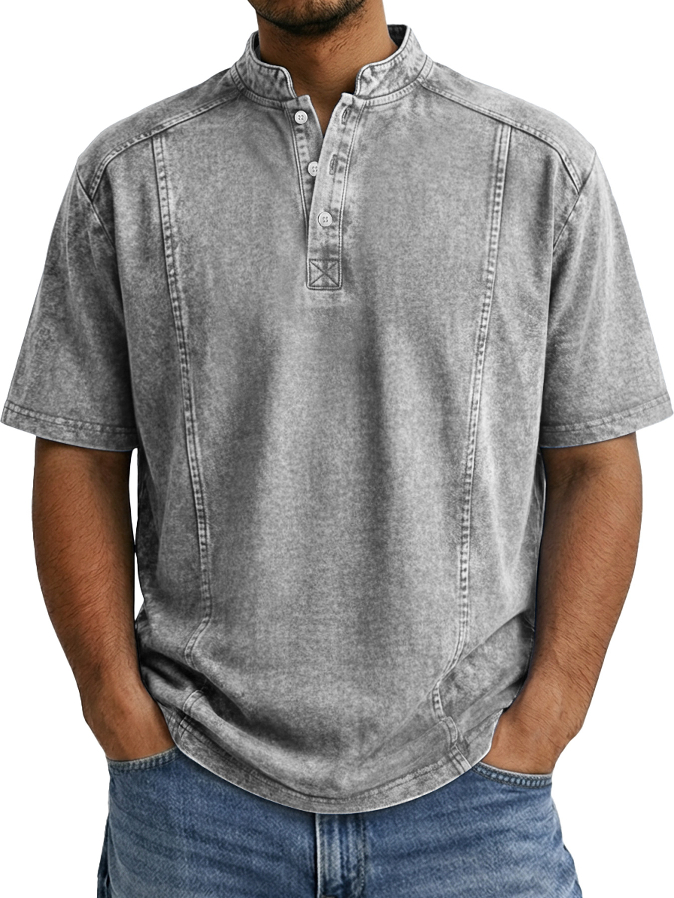 Men's Retro Deconstructed Stand Collar Casual Short Sleeve Henley Shirt