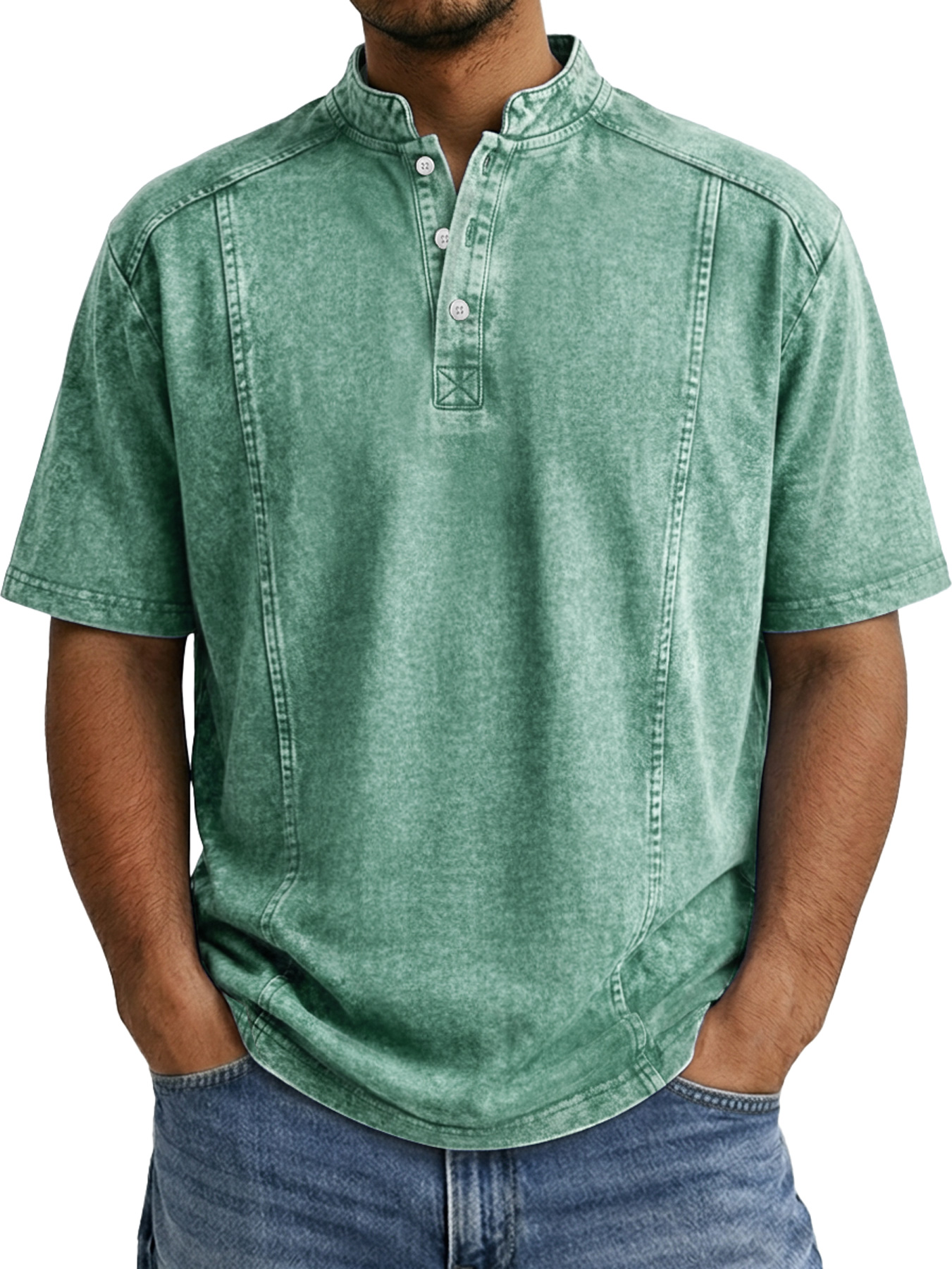 Men's Retro Deconstructed Stand Collar Casual Short Sleeve Henley Shirt