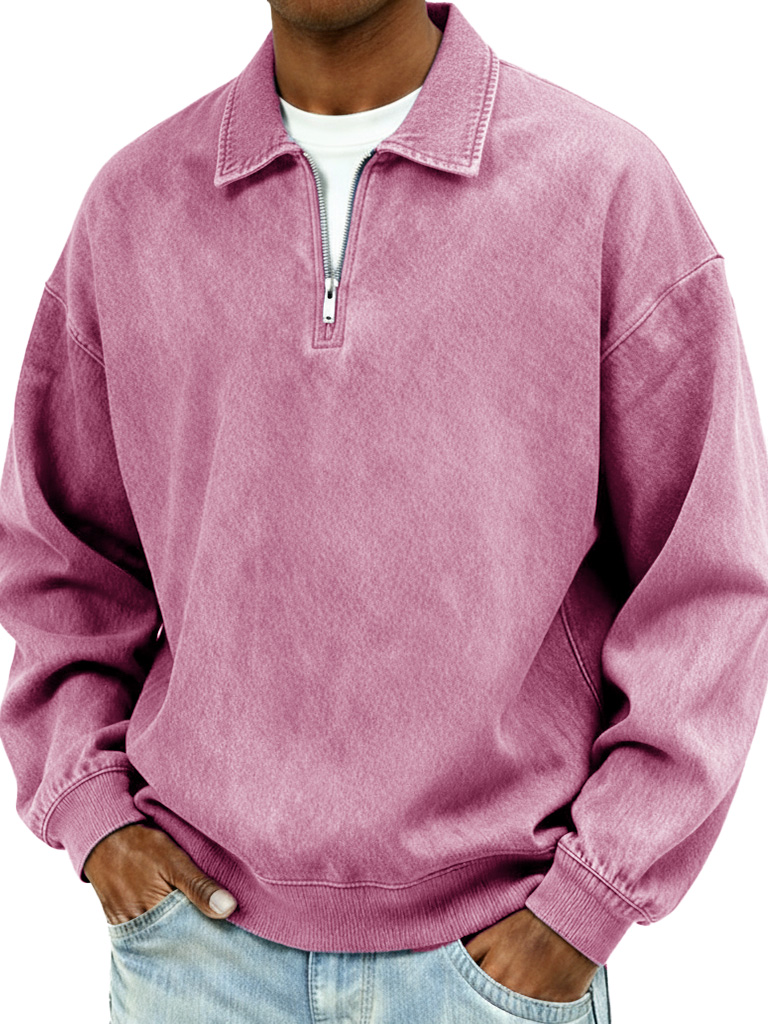 Pánská retro móda opotřebovaný límec zip dlouhý rukáv polo tričko