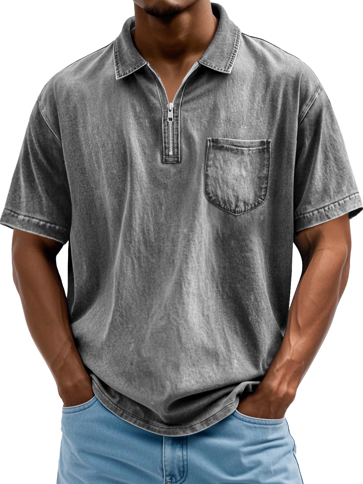 Men's Fashion Retro Lapel Zipper Casual Short Sleeve POLO Shirt
