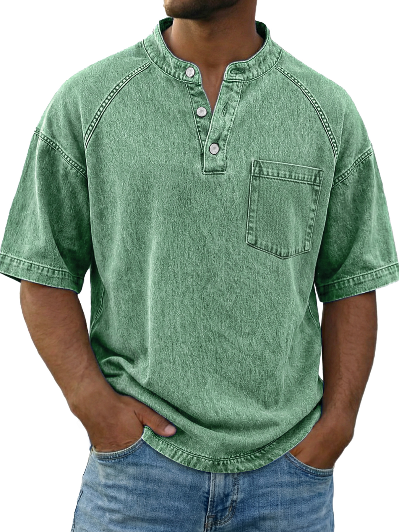 Men's Vintage Raglan Sleeve Pocket Casual Henley Shirt
