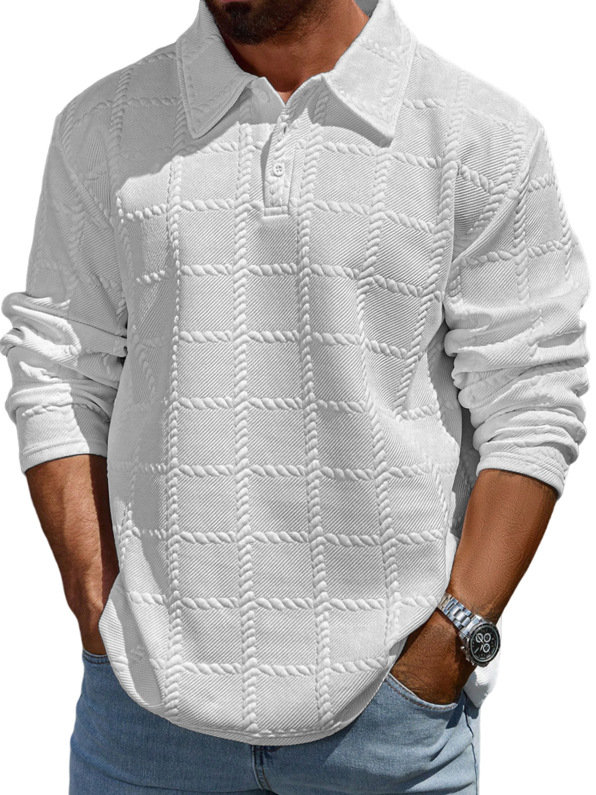 Men's Simple Solid Color Textured Lapel Long-sleeved Polo Shirt