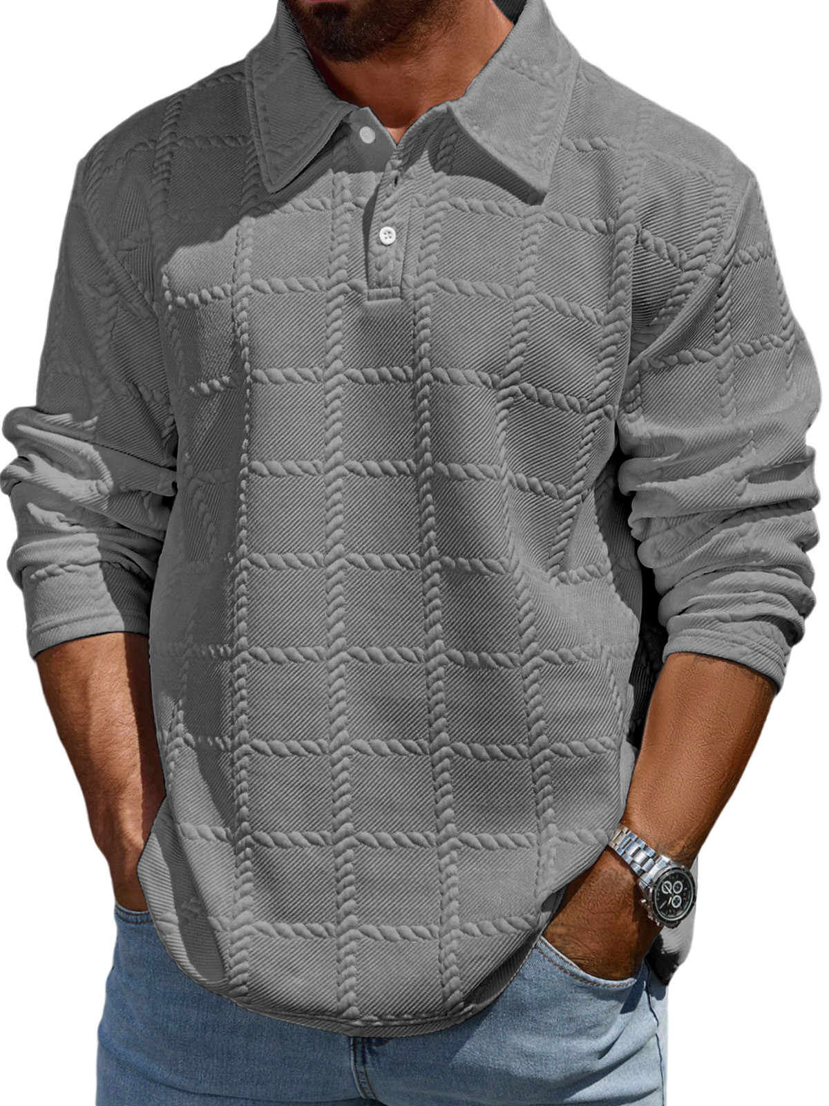 Men's Simple Solid Color Textured Lapel Long-sleeved Polo Shirt