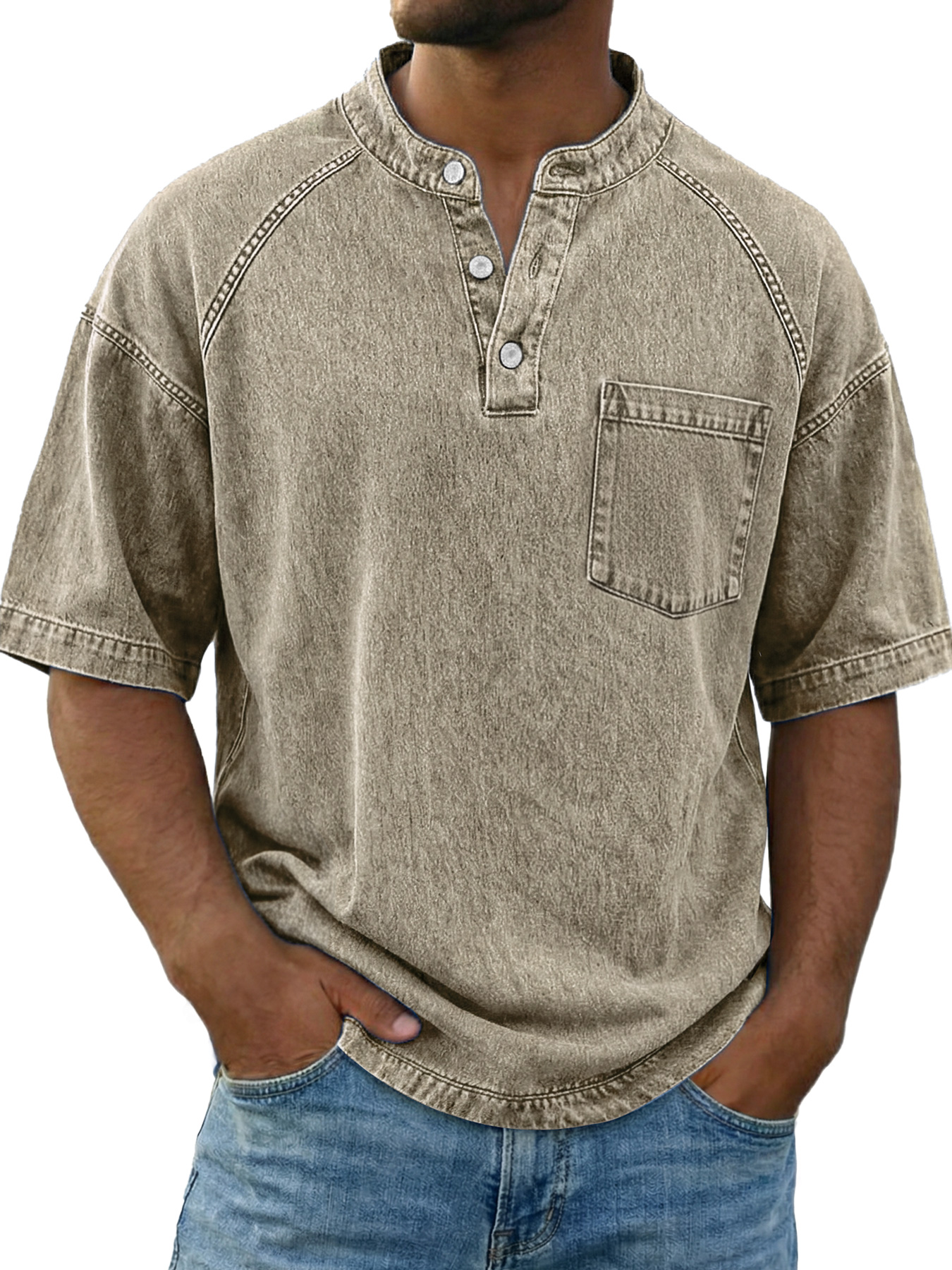 Men's Vintage Raglan Sleeve Pocket Casual Henley Shirt