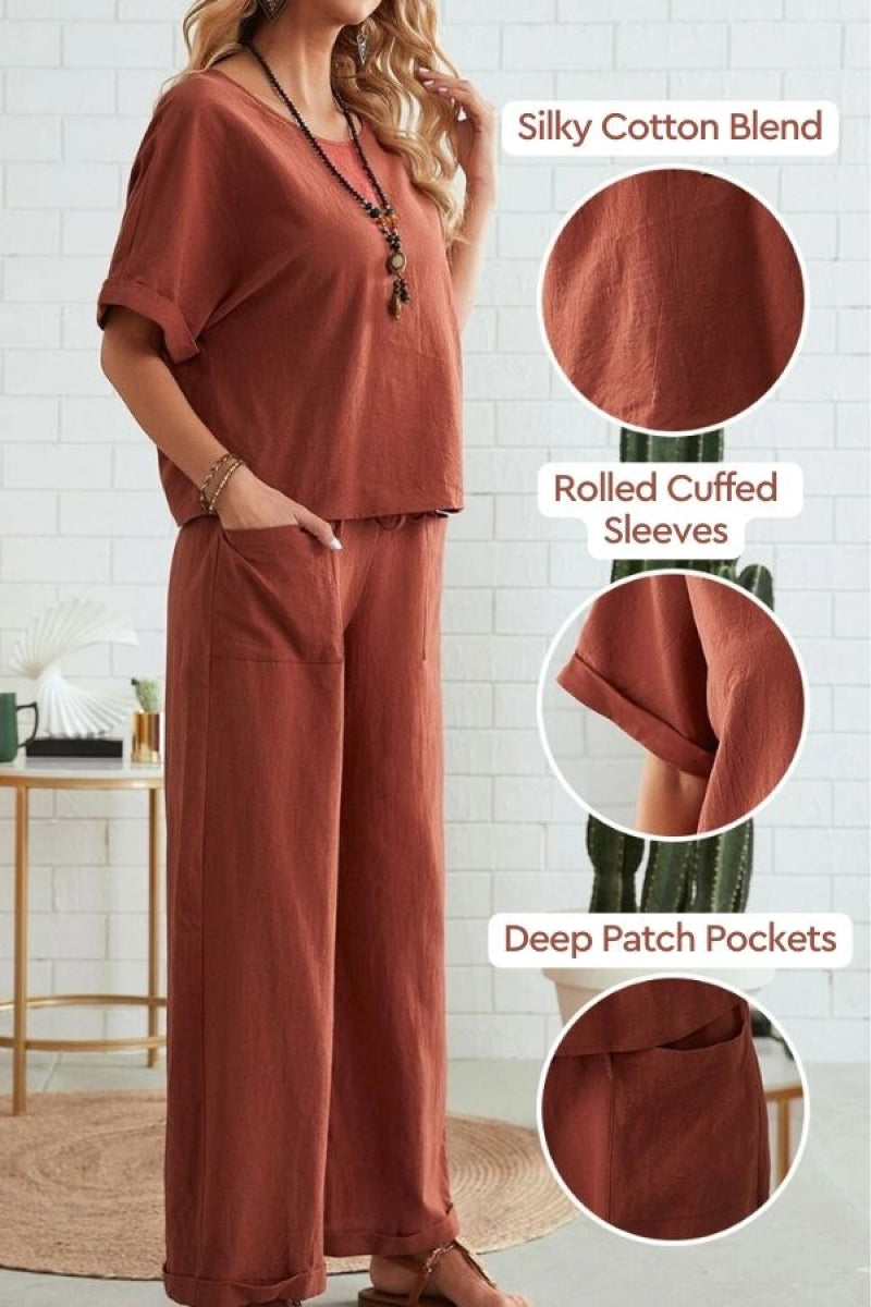 Elegantní a uvolněný životní styl: Sada trička s ohrnutými manžetami a kalhot s nášivkovými kapsami