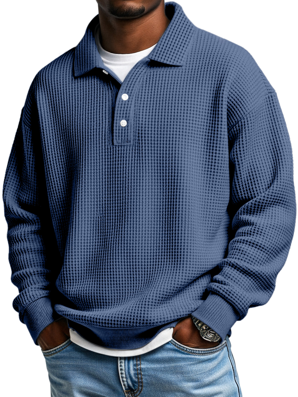Men's Daily Loose Simple Waffle Lapel Button Long Sleeve POLO Shirt