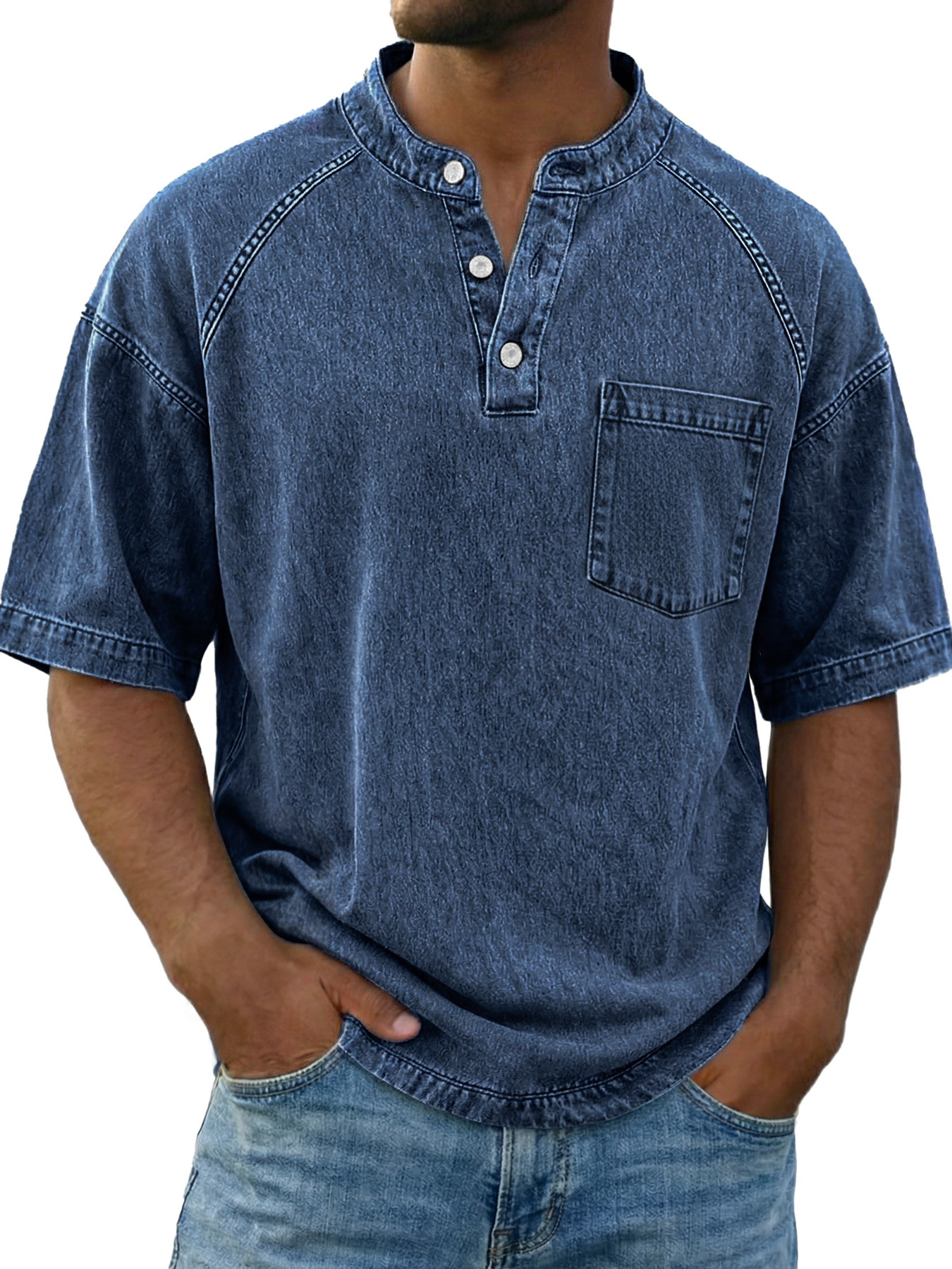 Men's Vintage Raglan Sleeve Pocket Casual Henley Shirt