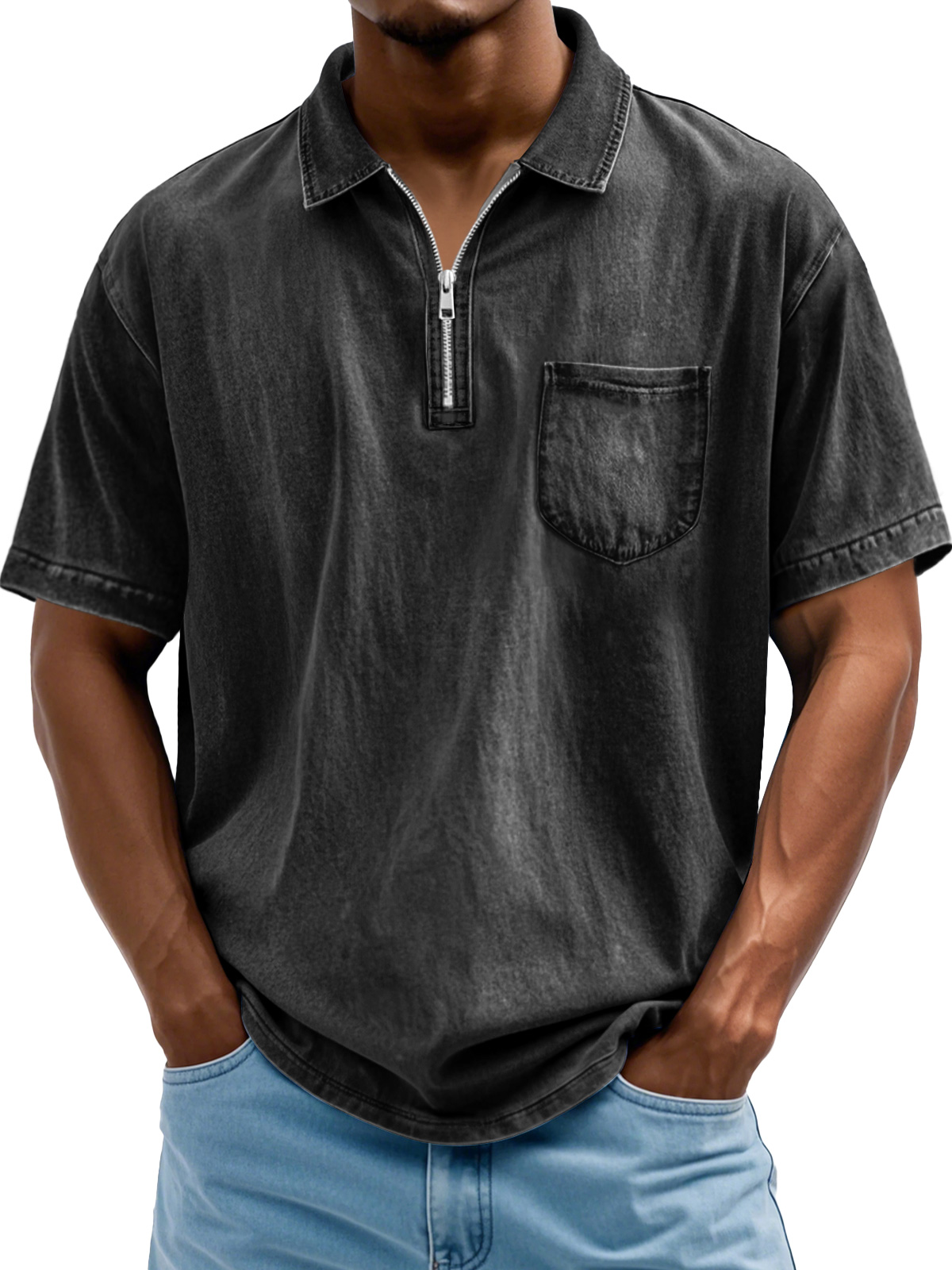 Men's Fashion Retro Lapel Zipper Casual Short Sleeve POLO Shirt
