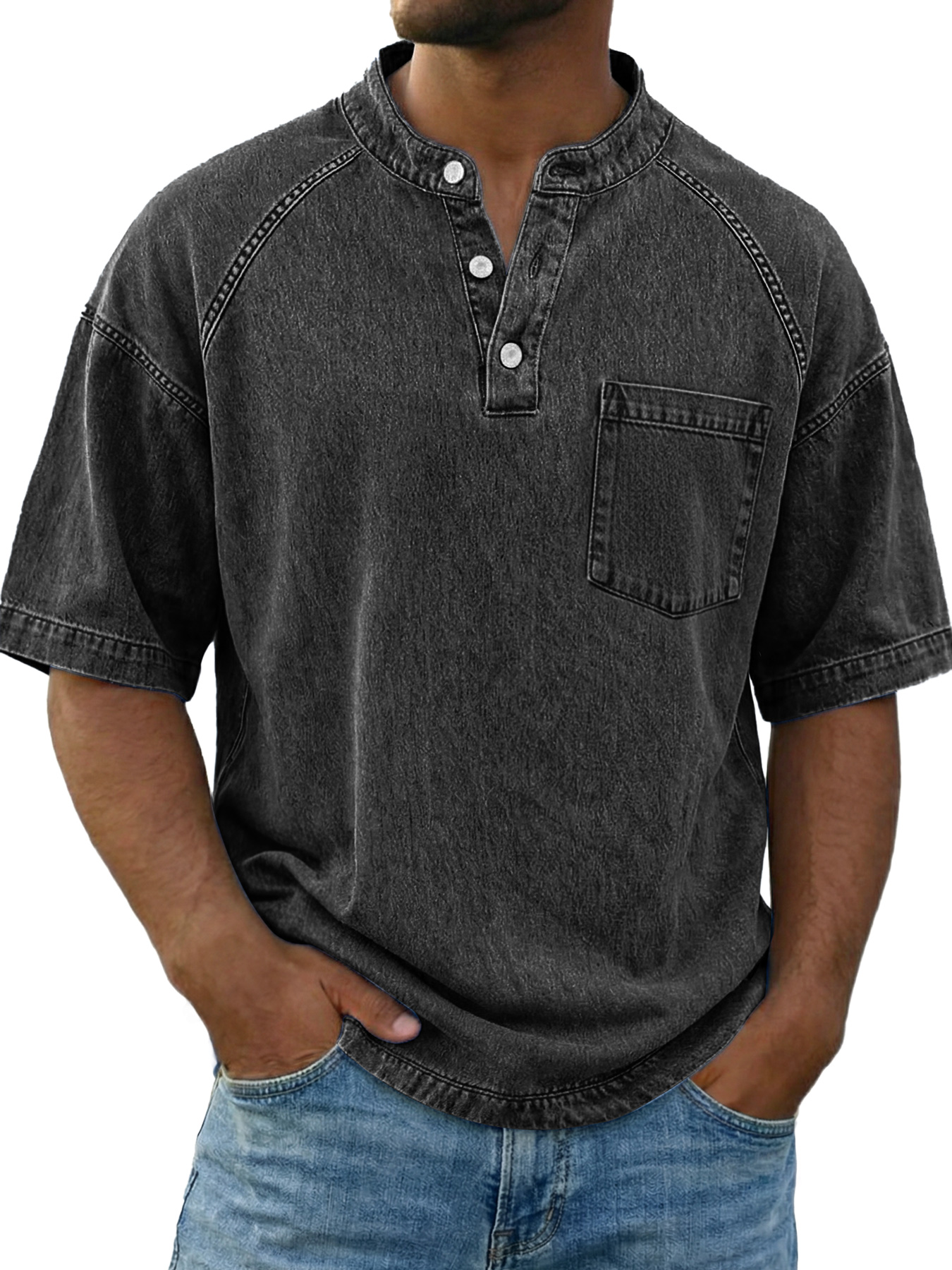 Men's Vintage Raglan Sleeve Pocket Casual Henley Shirt