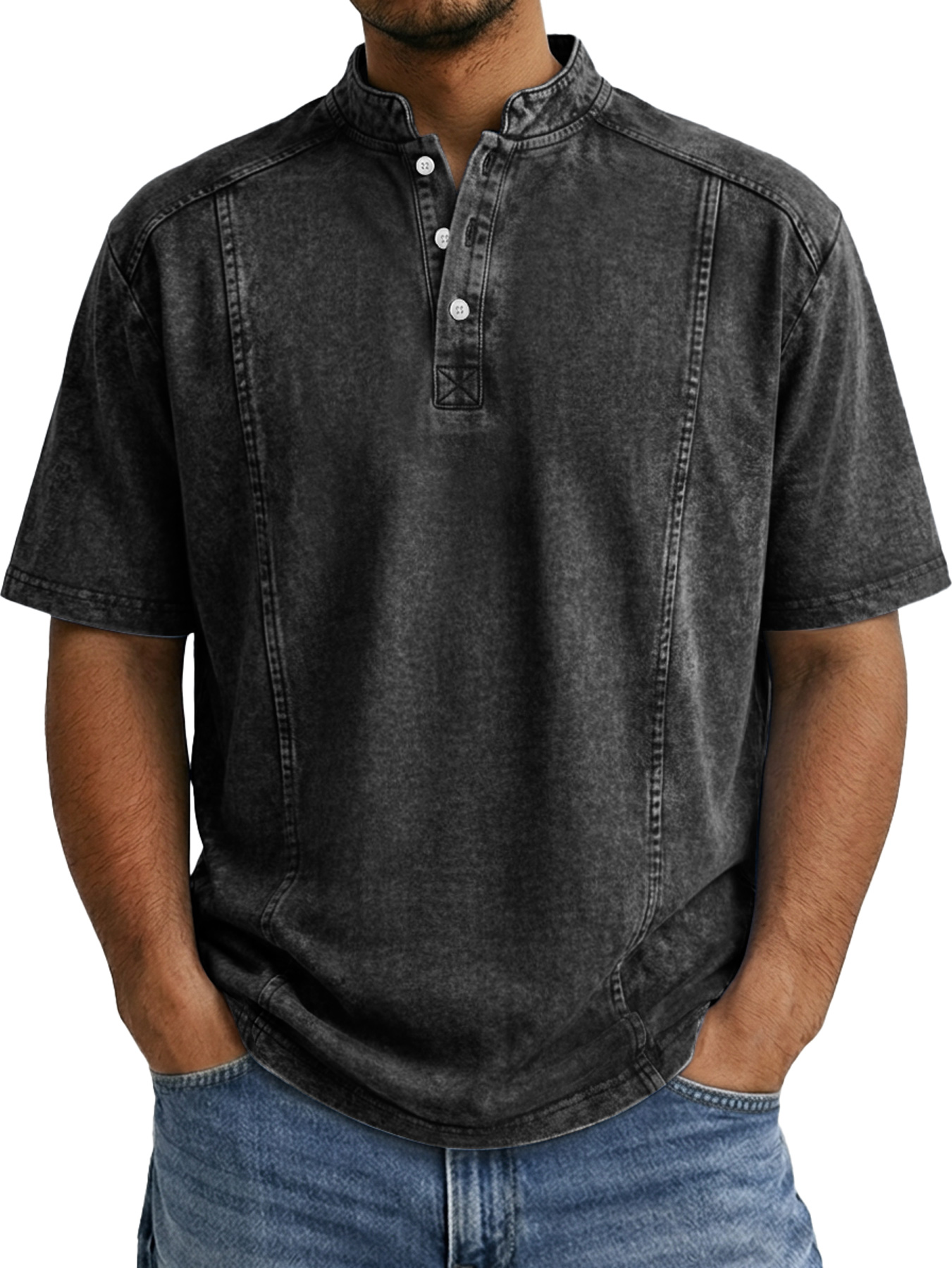 Men's Retro Deconstructed Stand Collar Casual Short Sleeve Henley Shirt