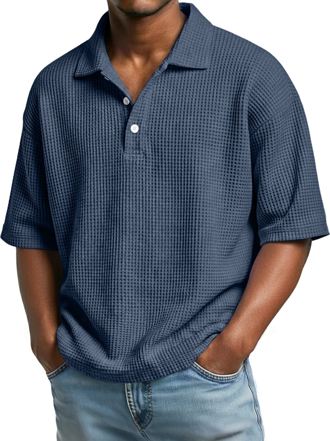 Men's Simple Waffle Knit Collar Button-Up Casual Short-Sleeve Polo Shirt