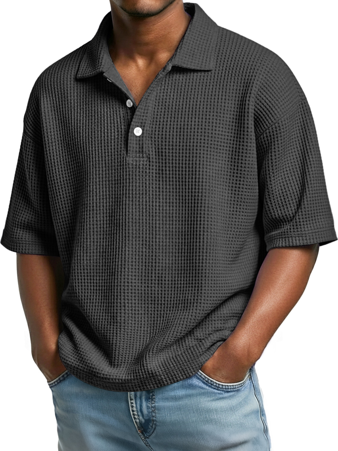 Men's Simple Waffle Knit Collar Button-Up Casual Short-Sleeve Polo Shirt