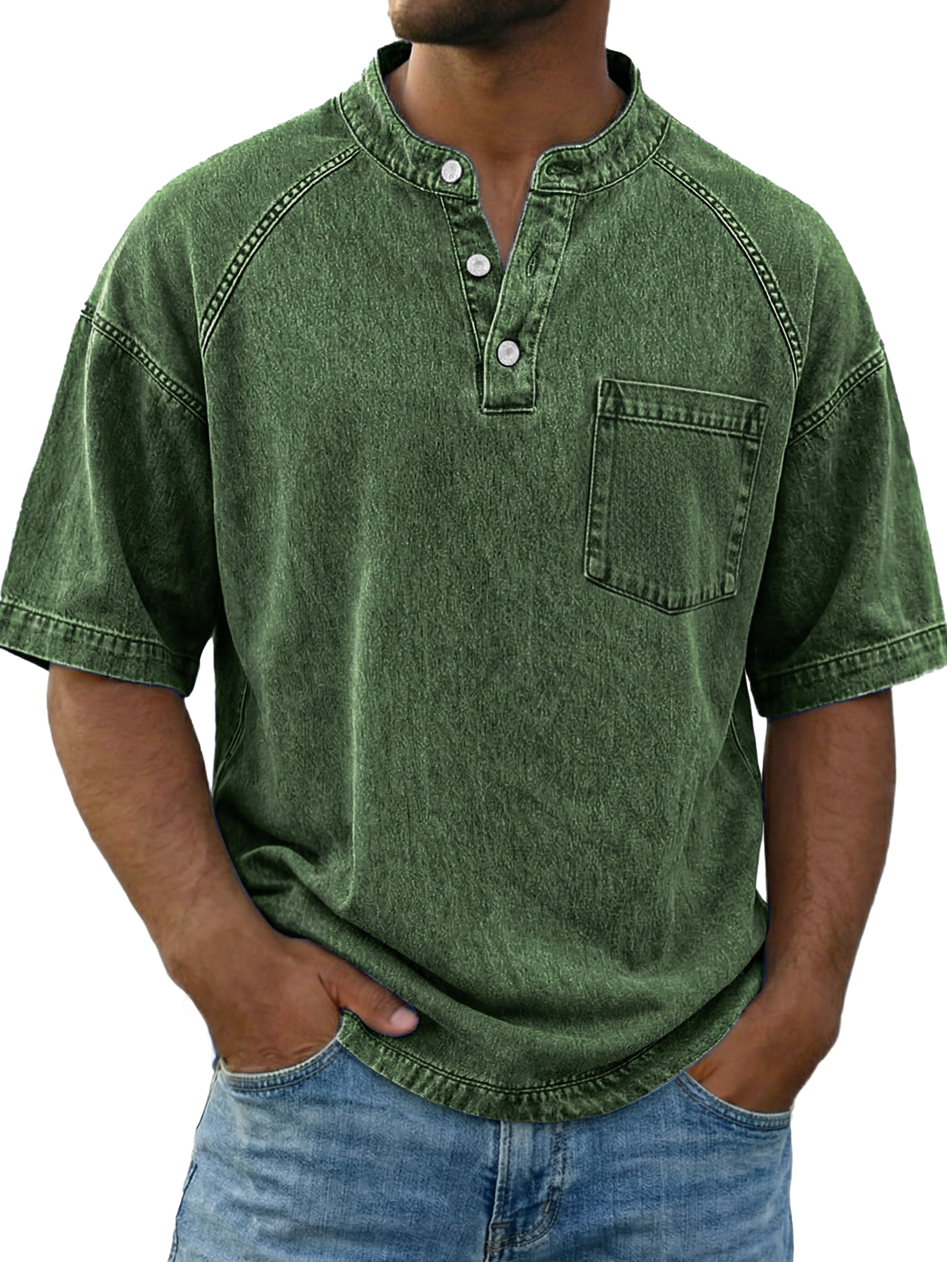 Men's Vintage Raglan Sleeve Pocket Casual Henley Shirt