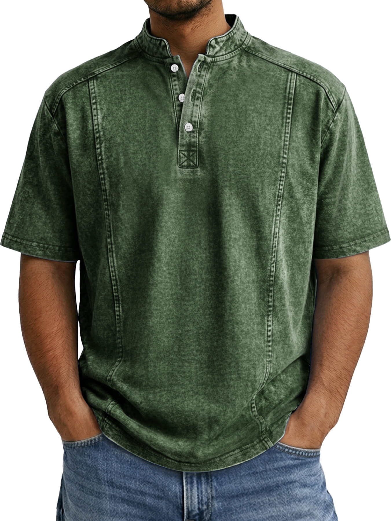 Men's Retro Deconstructed Stand Collar Casual Short Sleeve Henley Shirt