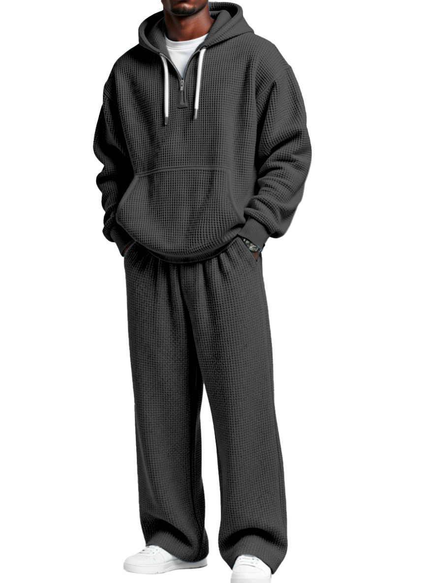 Men's Autumn And Winter Waffle Texture Zipper Hooded Sweatshirt Straight Pants Casual Set