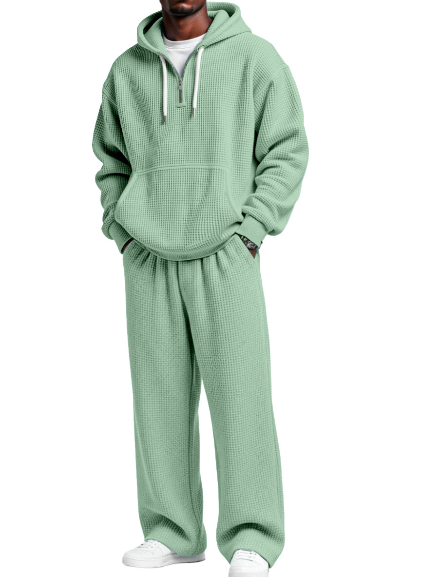 Men's Autumn And Winter Waffle Texture Zipper Hooded Sweatshirt Straight Pants Casual Set