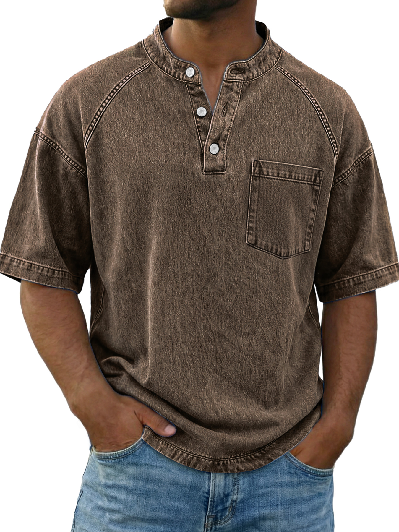 Men's Vintage Raglan Sleeve Pocket Casual Henley Shirt