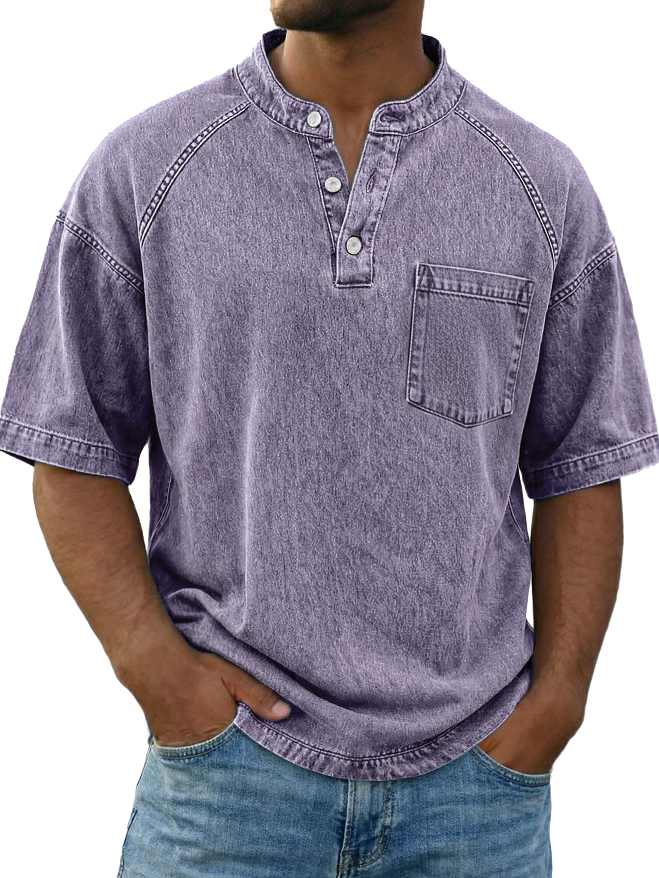 Men's Vintage Raglan Sleeve Pocket Casual Henley Shirt