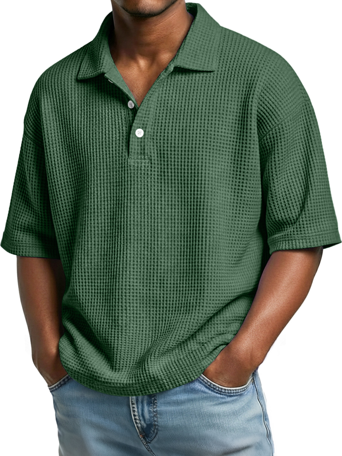 Men's Simple Waffle Knit Collar Button-Up Casual Short-Sleeve Polo Shirt