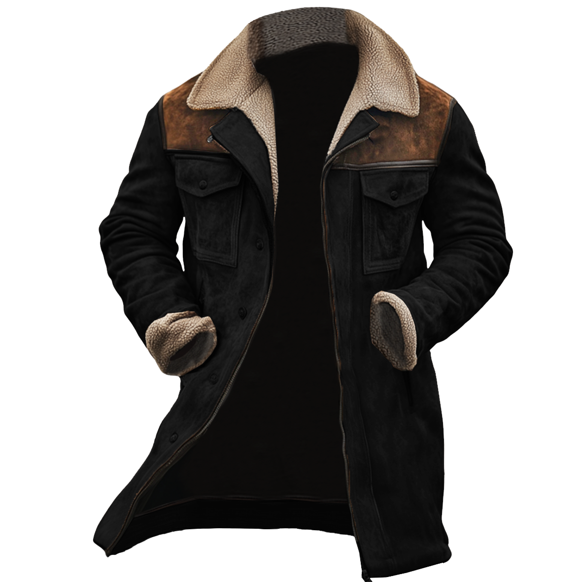 Pánská vintage semišová patchworková jehněčí fleece bunda s mnoha kapsami a obráceným límcem na venkovní nošení