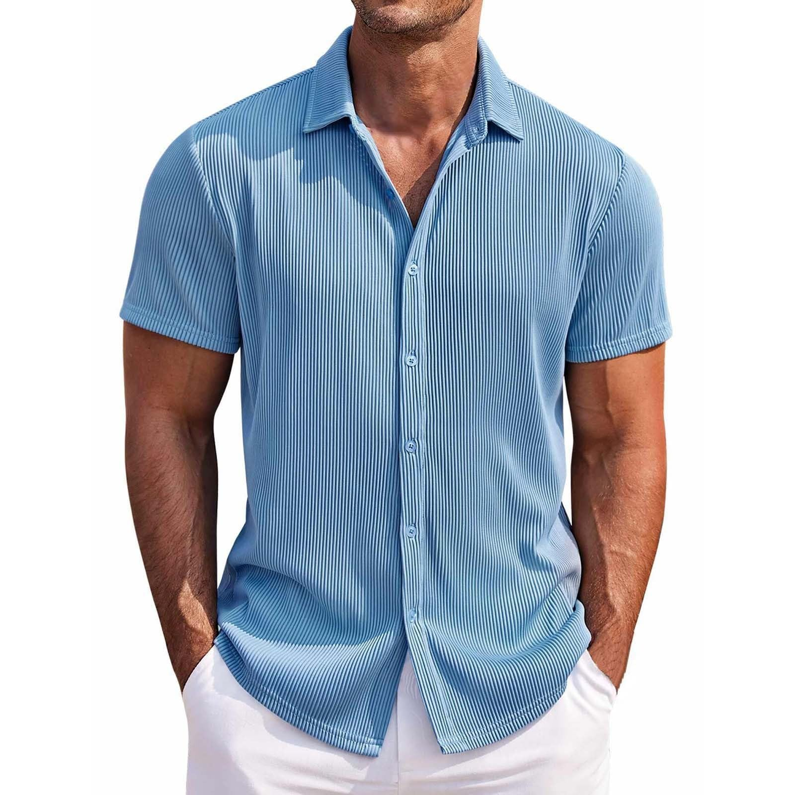 Men's Cotton Striped Jacquard Casual Loose Short Sleeve Shirt