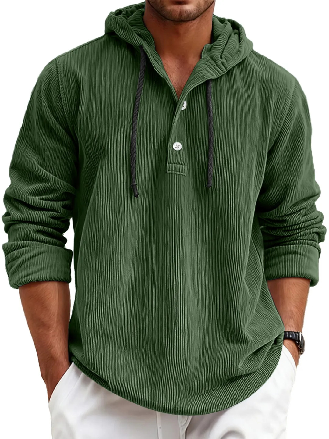 Men's striped pearl cotton half-shirt with hood and button-down design