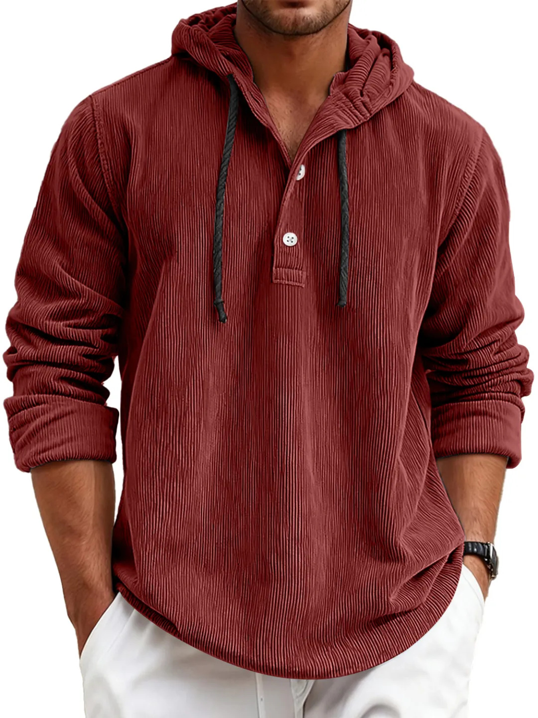 Men's striped pearl cotton half-shirt with hood and button-down design