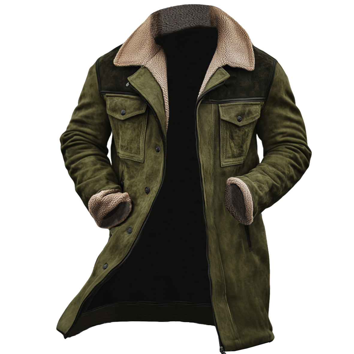 Pánská vintage semišová patchworková jehněčí fleece bunda s mnoha kapsami a obráceným límcem na venkovní nošení